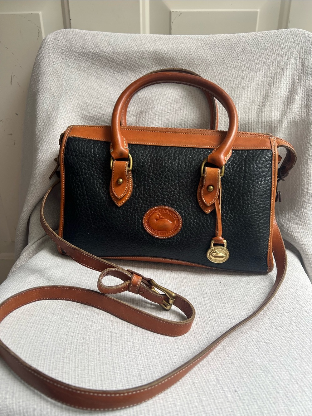 Dooney & Bourke Vintage Black with Tan Trim Pebbled Leather Satchel